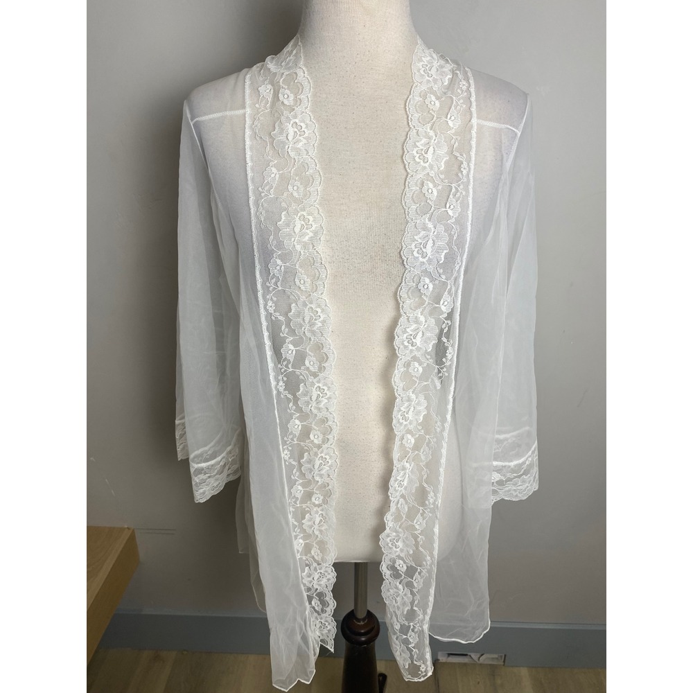 Vintage Lara Lingerie White Sheer Lace Robe 60s 70s Bridal Loungewear OS USA
